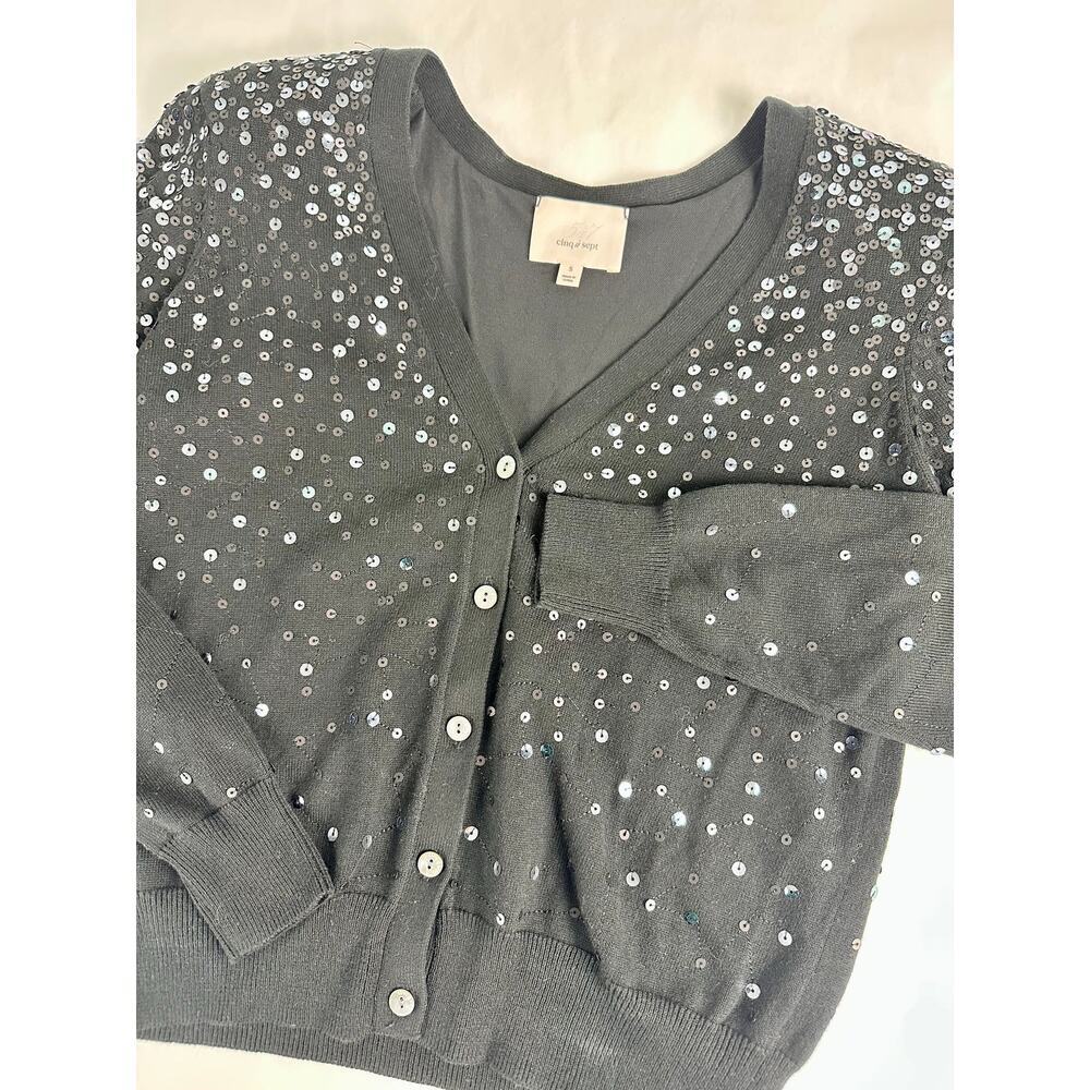 Cinq a Sept Nancy Sequin Cropped Cardigan Sweater Black Party Luxury Glam Small - Picture 3 of 9